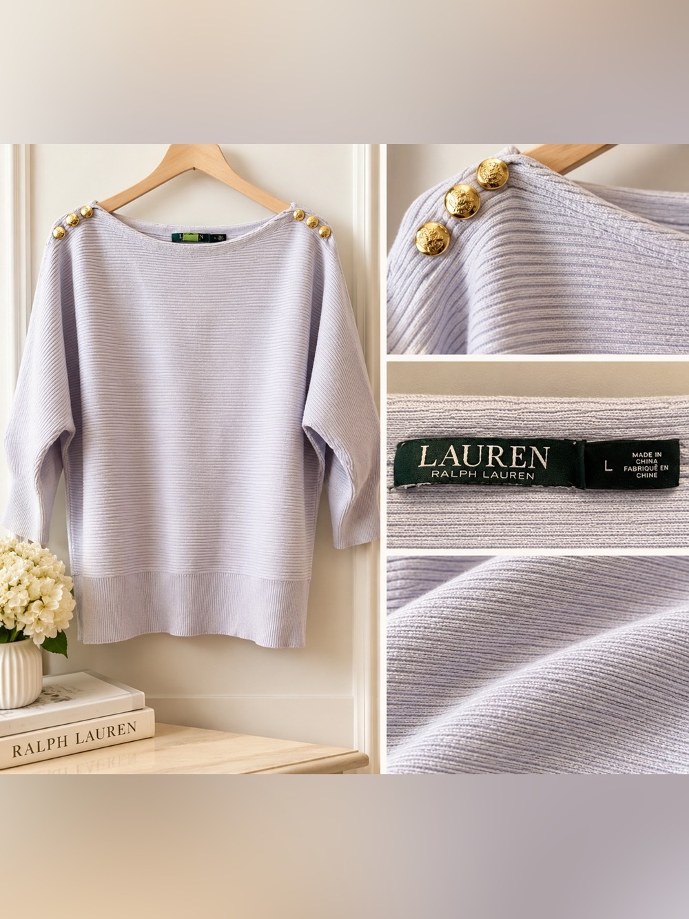 Elegant Lauren Light Blue Sweater with Gold Button Accents